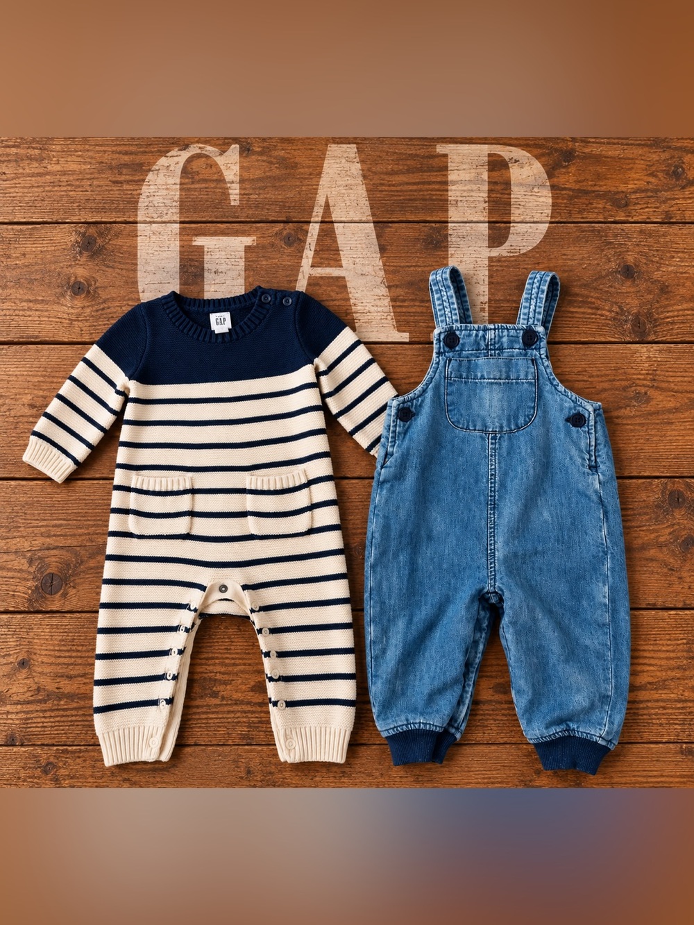 GAP  Bundle Navy & Cream Striped Knit Romper and babyGap Denim Overalls 6-12 Mo